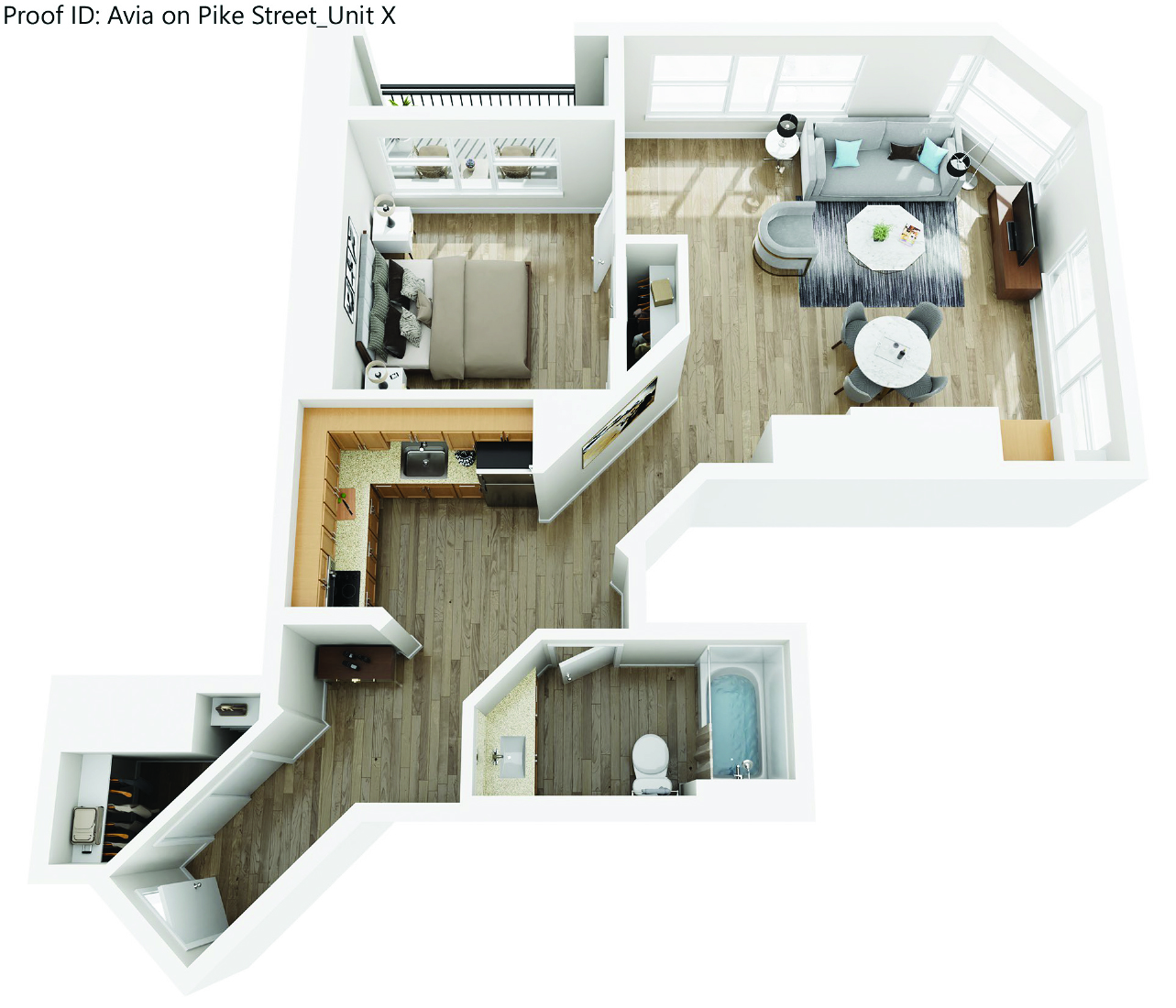 Floor plan for 1 bed, 1 bath, 675 sqft